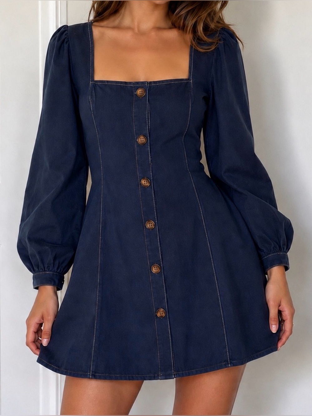 D~Ark Square Neck Long Sleeve Navy Button-Front Design. Zipper and Tie Back.